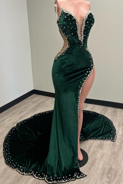 Chic Green V Neck Appliques Mermaid Prom Dress High Waist Beaded With Split