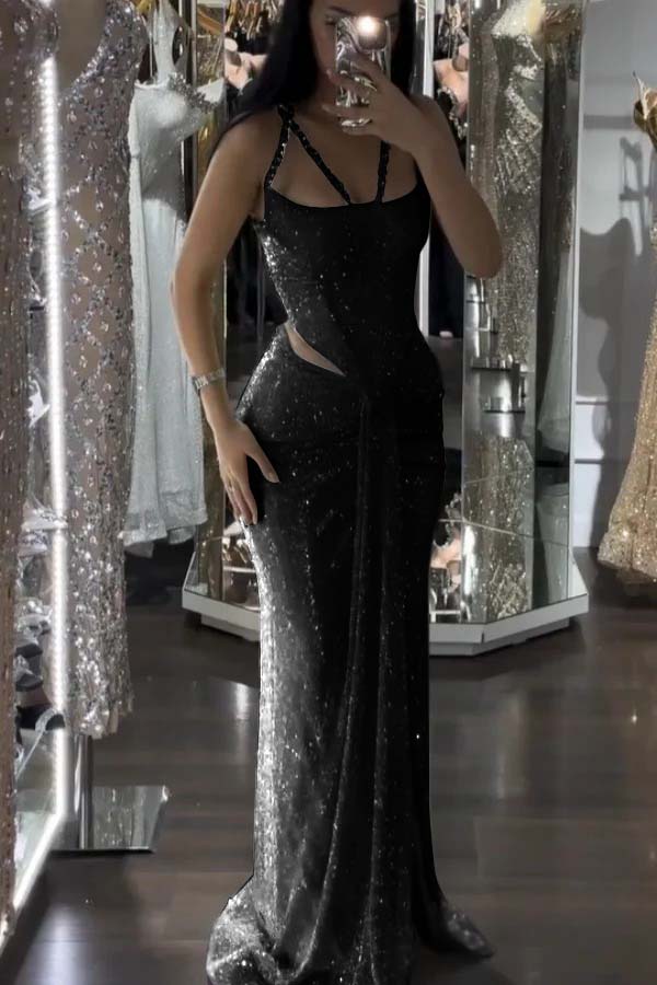 Straps Sleeveless Long Mermaid Prom Dress With Sequins Pleated