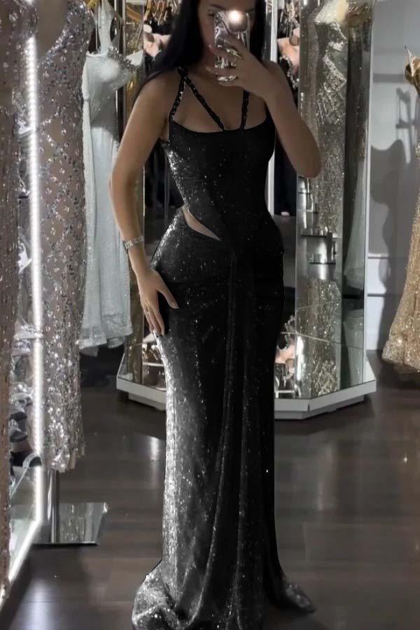 Straps Sleeveless Long Mermaid Prom Dress With Sequins Pleated