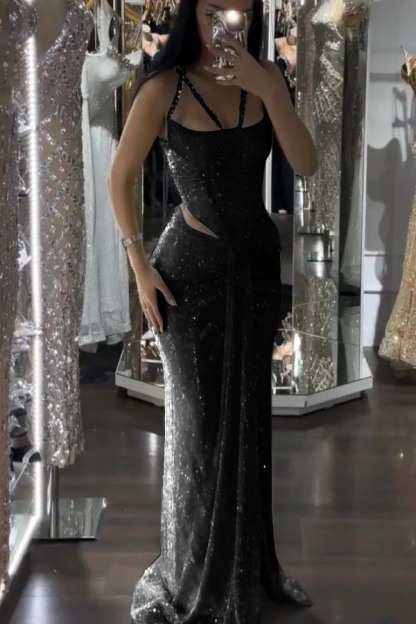 Straps Sleeveless Long Mermaid Prom Dress With Sequins Pleated