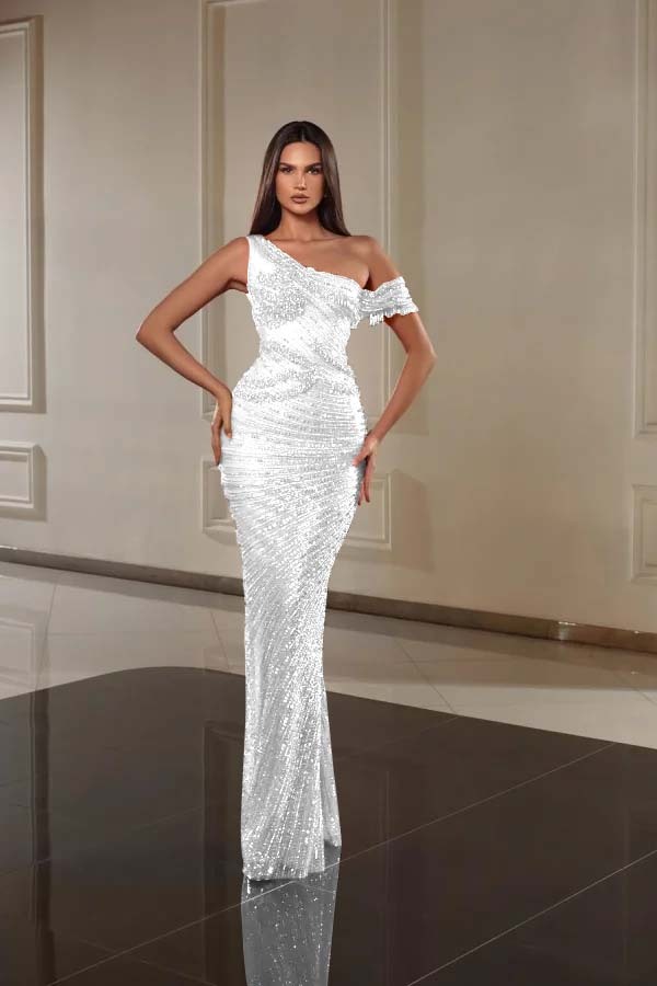 One Shoulder Sleeveless Long Mermaid Prom Dress With Beading