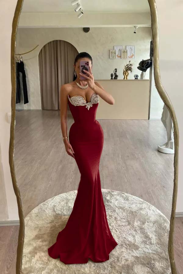 Strapless Sleeveless Long Mermaid Prom Dress With Beading Pleated