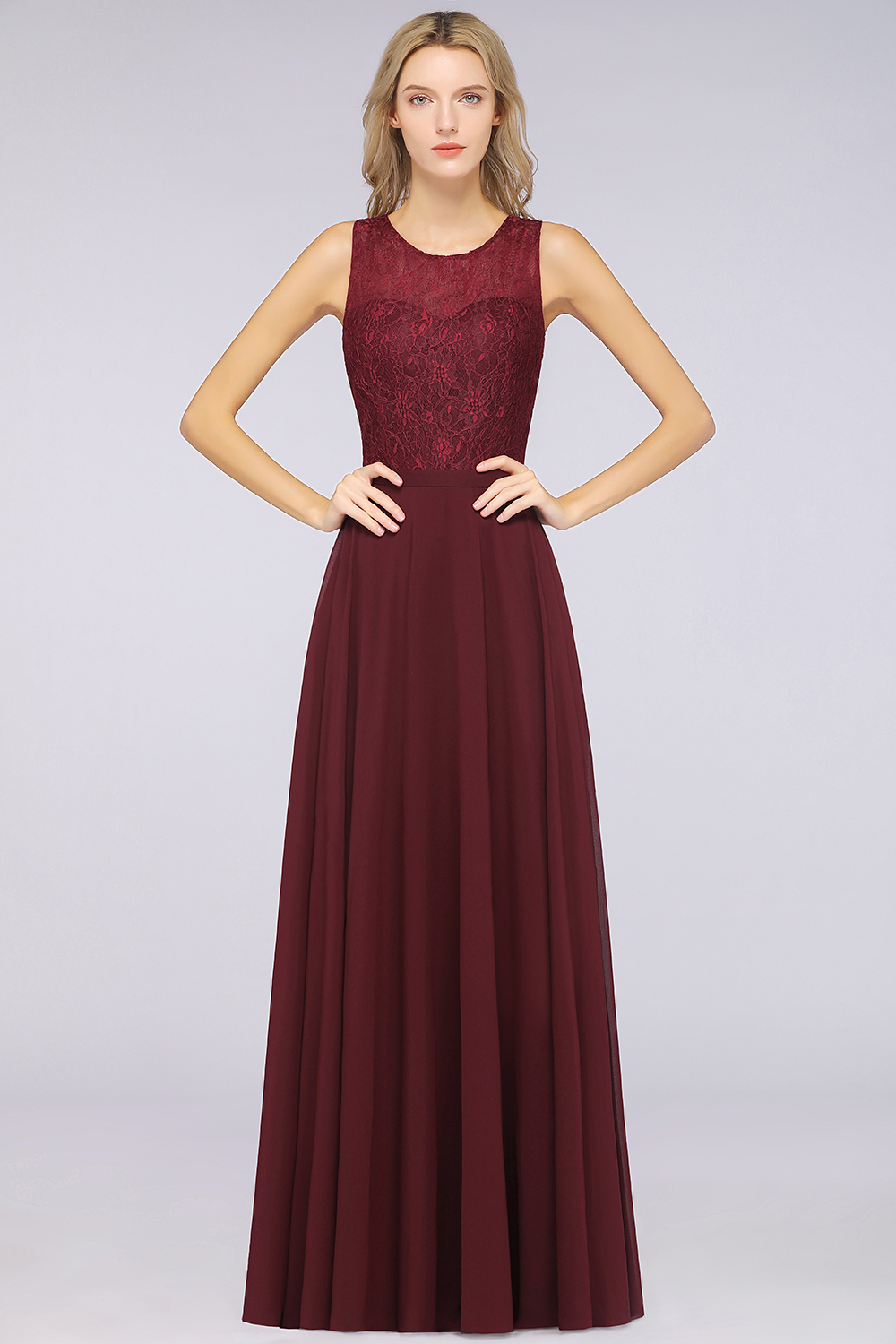 BMbridal Elegant Roud Neckline Sleeveless Burgundy Lace Bridesmaid Dress Online-BMbridal