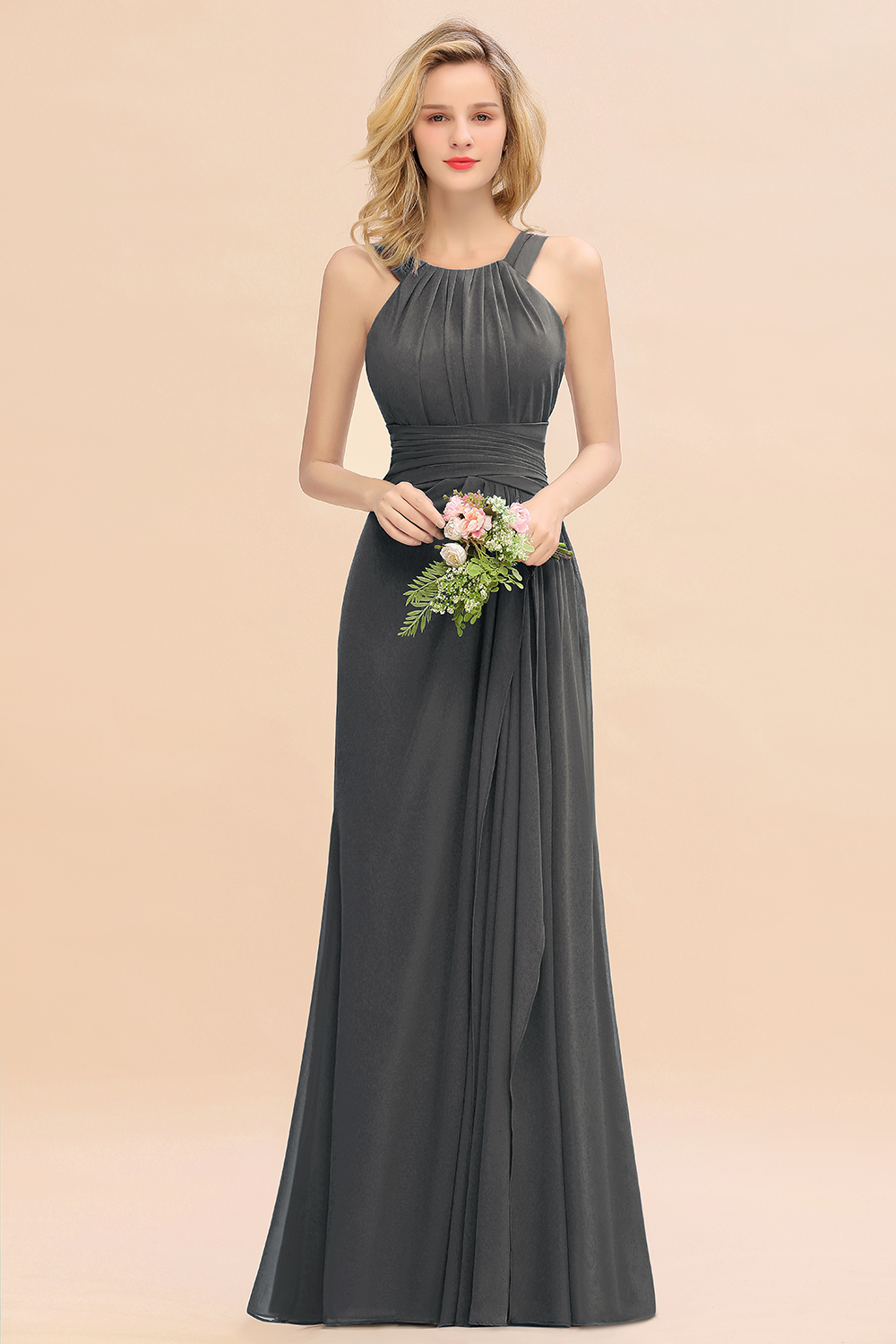BMbridal Elegant Round Neck Sleeveless Bridesmaid Dress with Ruffles-BMbridal