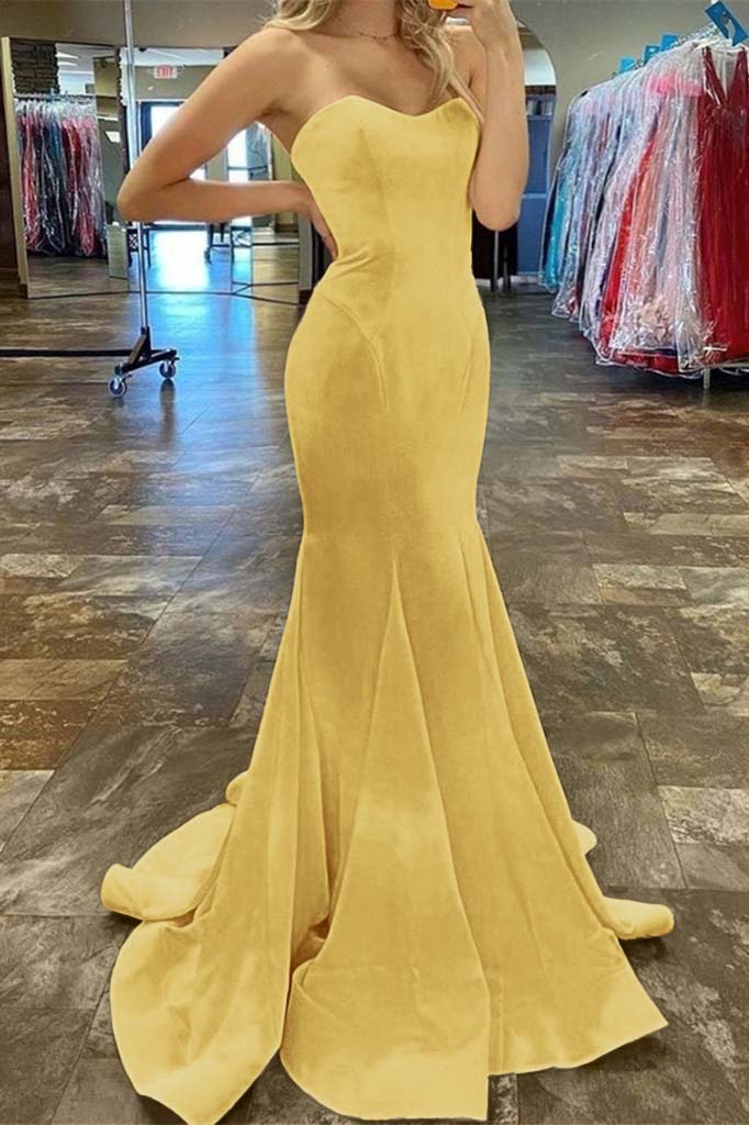 Charming Yellow Strapless Sleeveless Sweetheart Mermaid Long Prom Dress