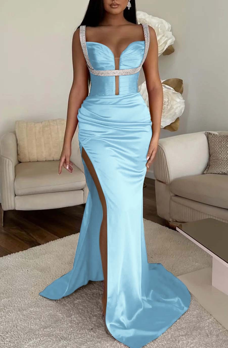 Mermaid Prom Dress Spaghetti Strap Fuchsia With High Split Sleeveless