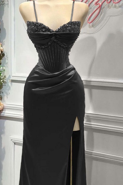 Red Spaghetti Strap Sleeveless Beading Long Prom Dress With Split