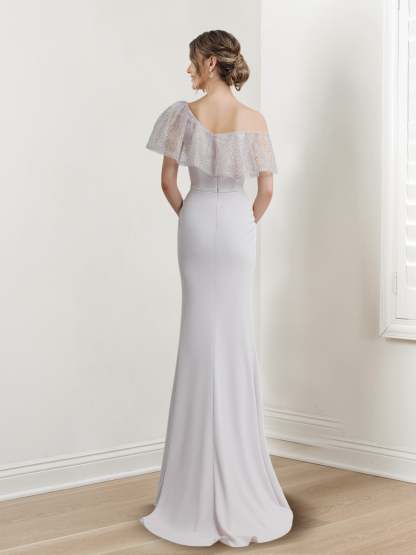 Off-The-Shoulder Sequined Evening Gown with Short Sleeves and Floor-Length Sheath