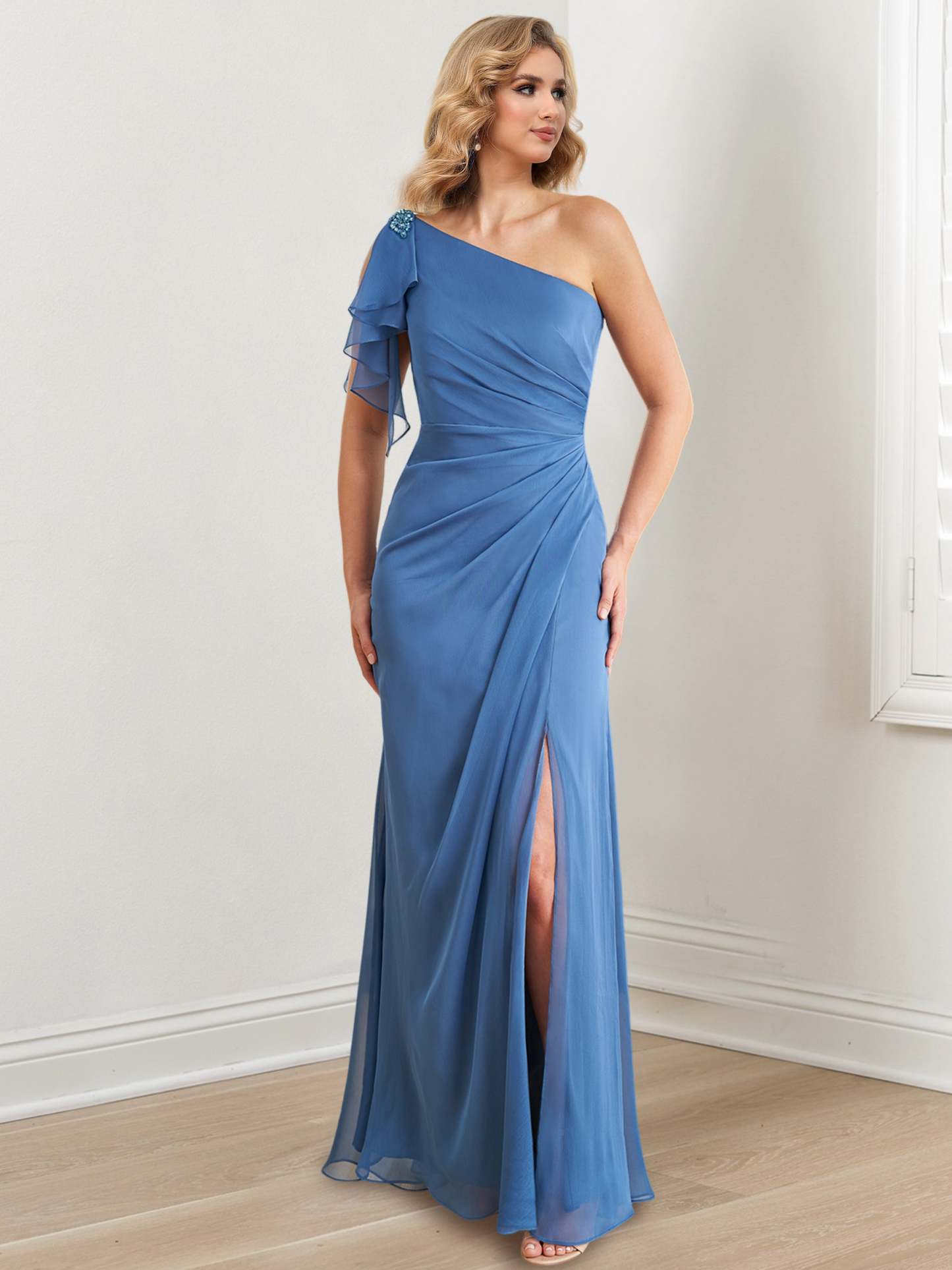 One-Shoulder Floor-Length Sheath/Column Gown for the Mother of the Bride