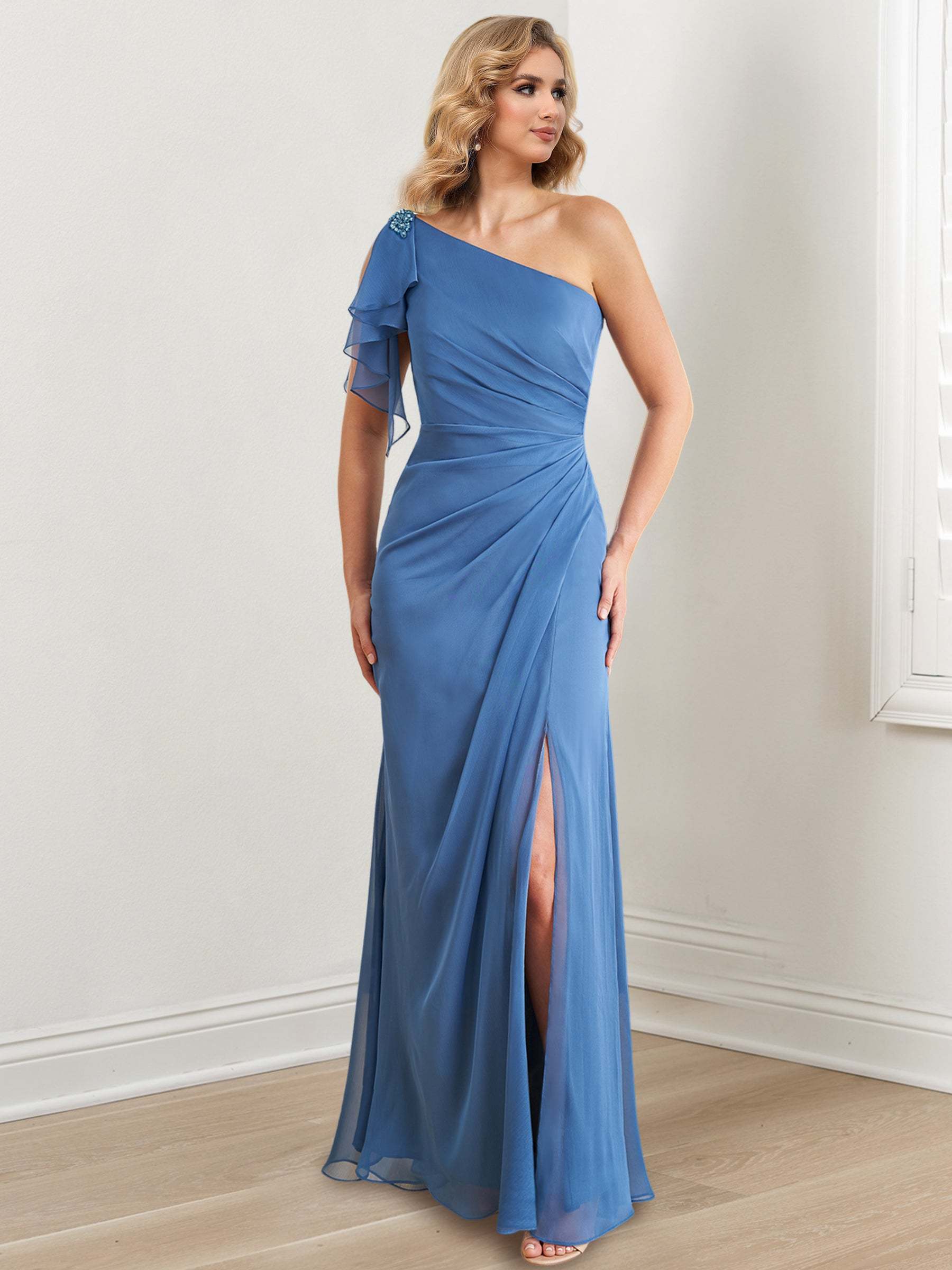 One-Shoulder Floor-Length Sheath/Column Gown for the Mother of the Bride