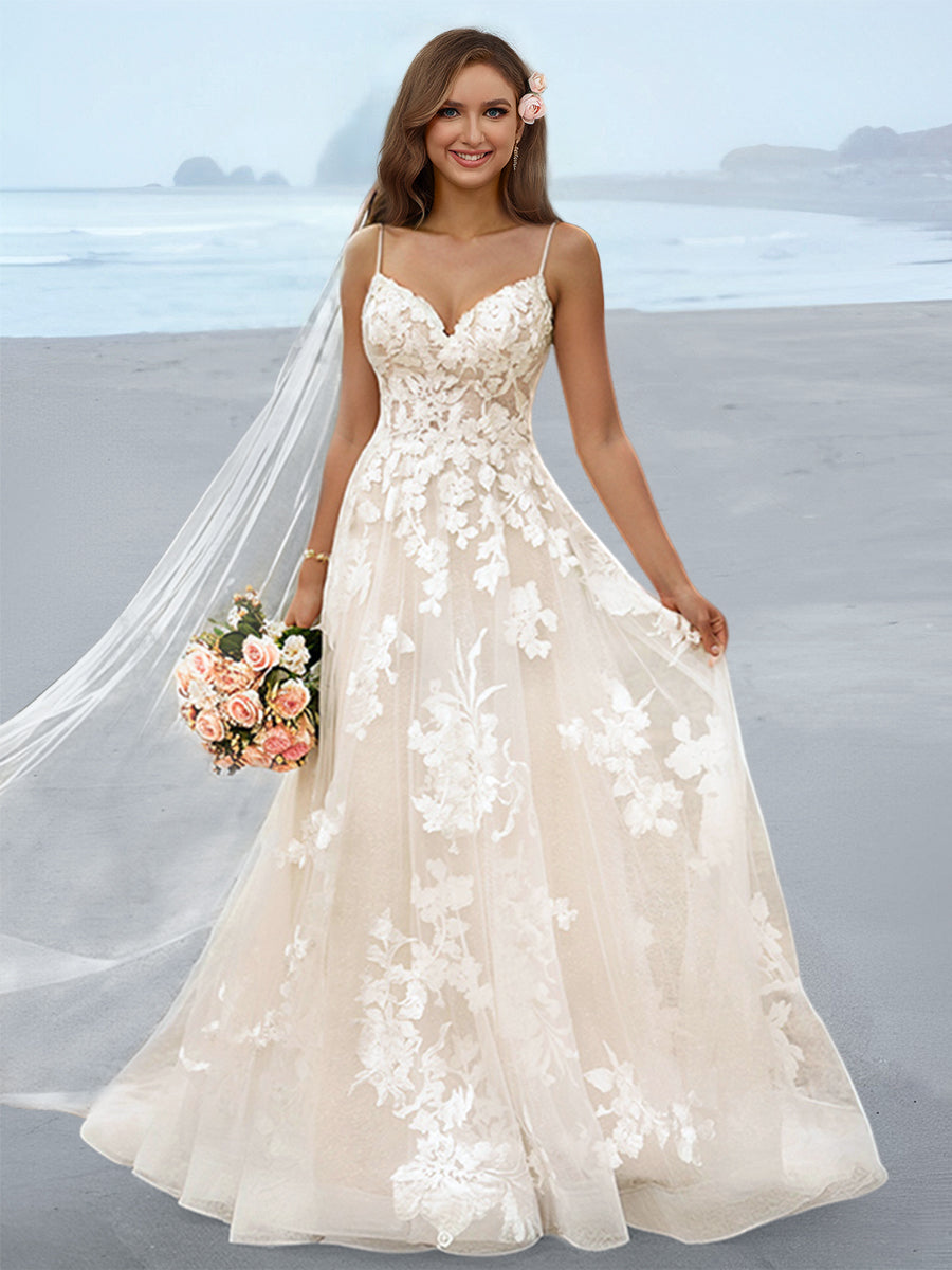 Floor-Length A-Line Wedding Dress with Spaghetti Straps and Princess Applique