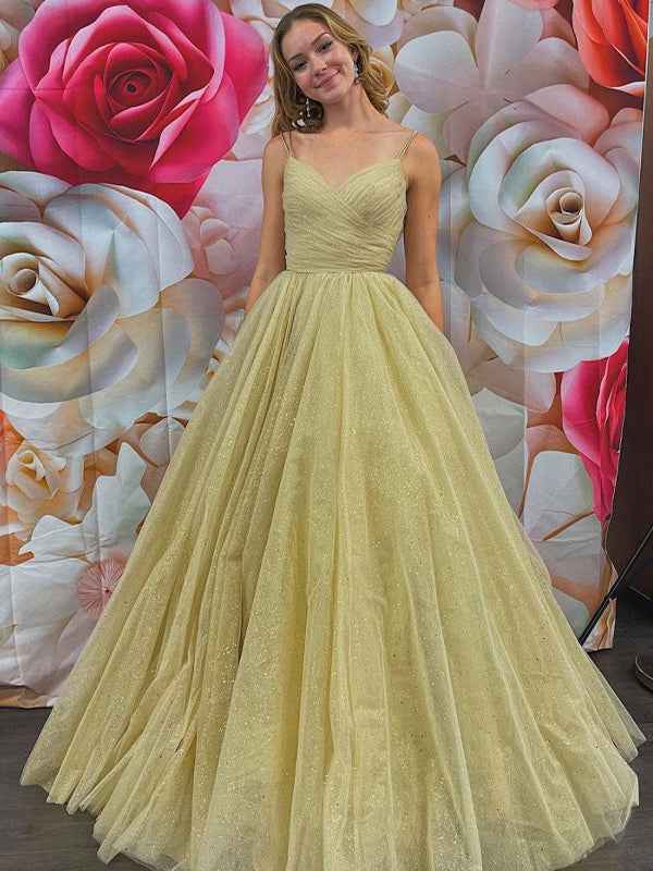 Champagne A Line Spaghetti Straps V Neck Tulle Long Prom Dress