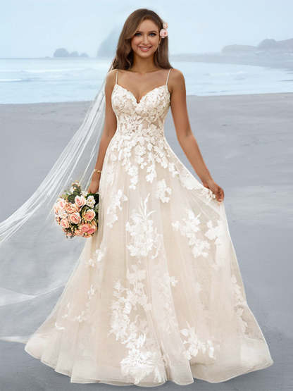 Floor-Length A-Line Wedding Dress with Spaghetti Straps and Princess Applique