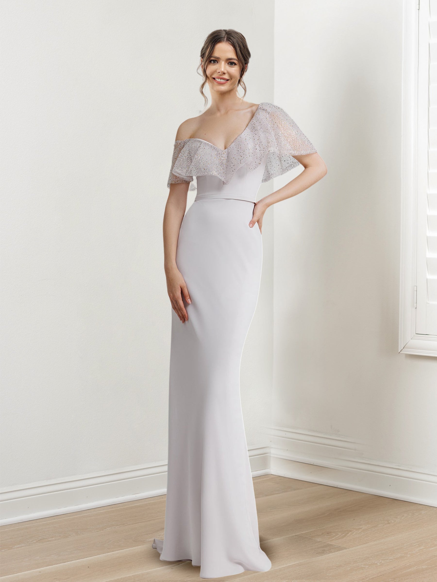 Off-The-Shoulder Sequined Evening Gown with Short Sleeves and Floor-Length Sheath