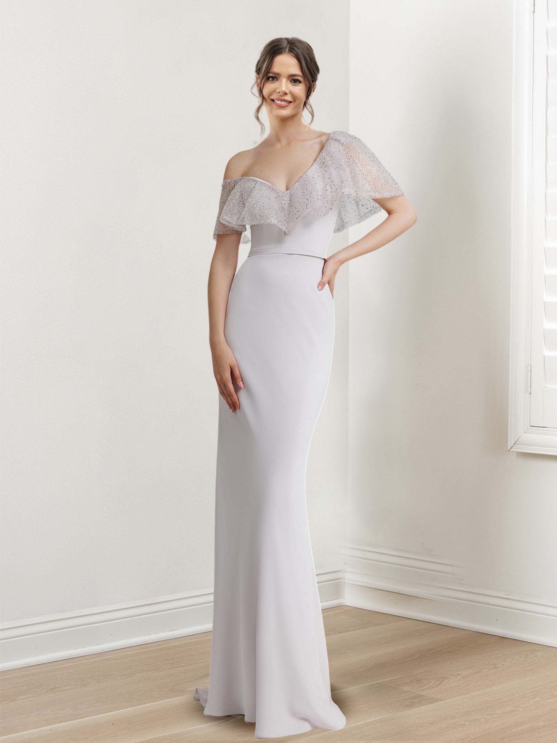 Off-The-Shoulder Sequined Evening Gown with Short Sleeves and Floor-Length Sheath