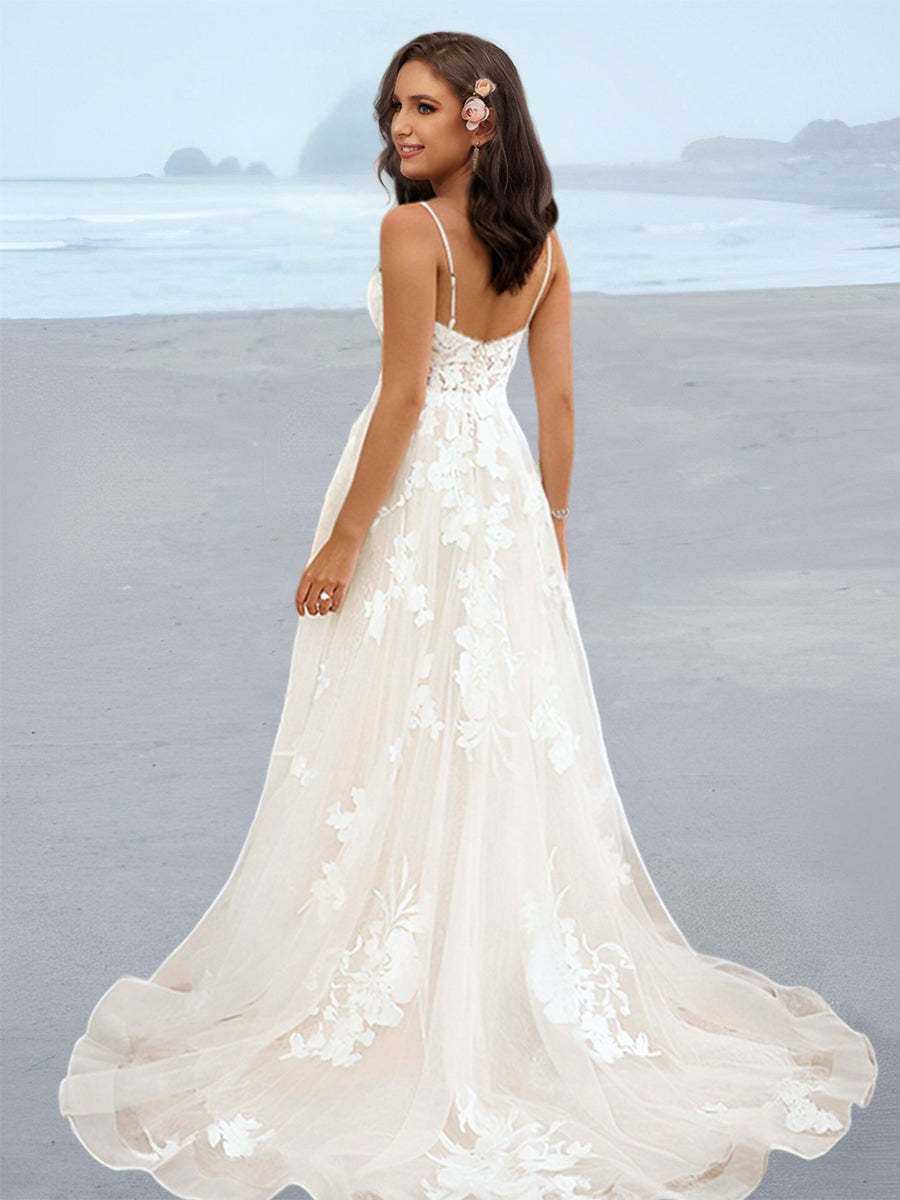 Floor-Length A-Line Wedding Dress with Spaghetti Straps and Princess Applique