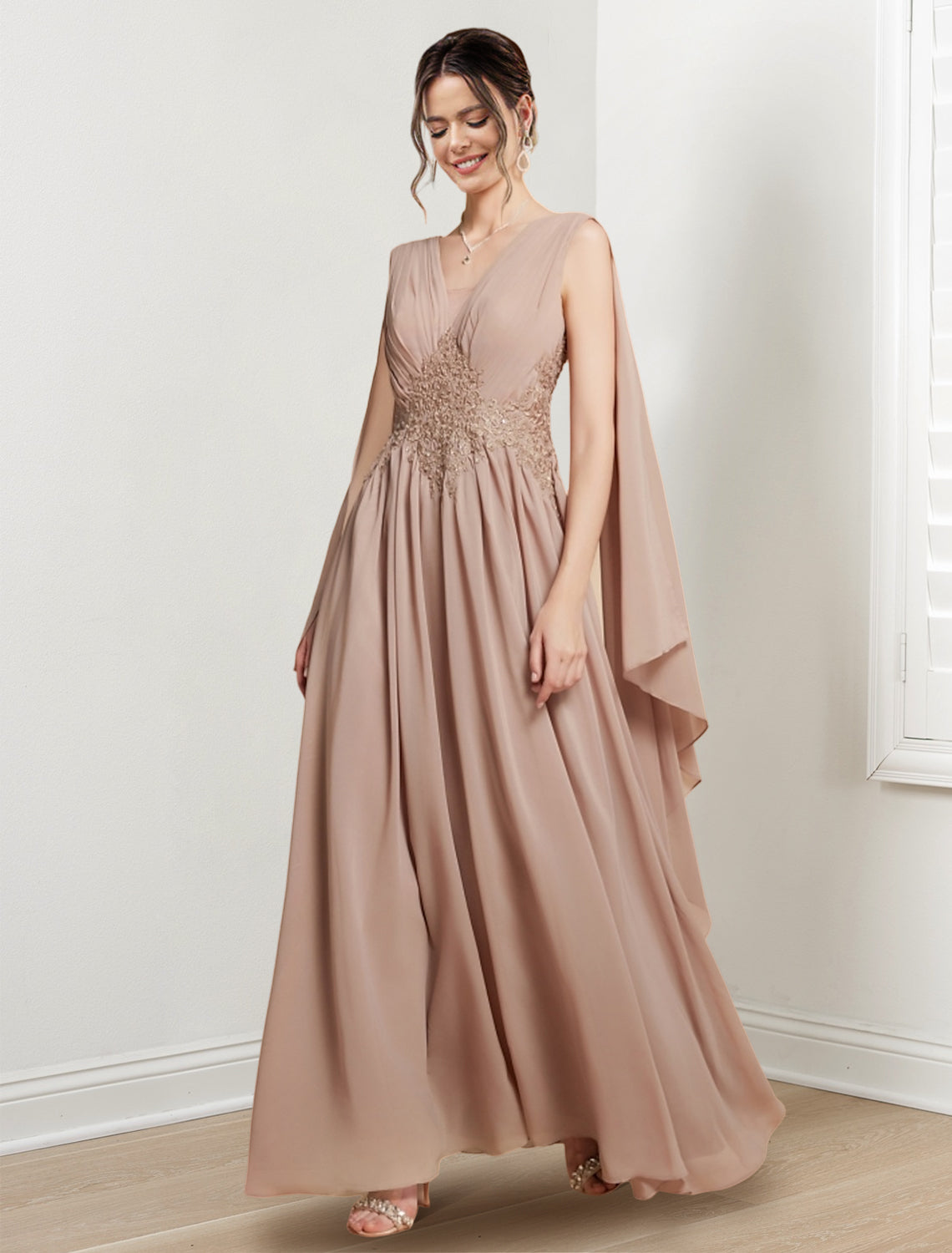 V-Neck A-Line Princess Floor-Length Dresses for the Mother of the Bride