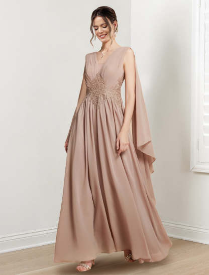 V-Neck A-Line Princess Floor-Length Dresses for the Mother of the Bride