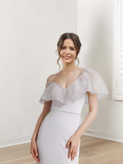 Off-The-Shoulder Sequined Evening Gown with Short Sleeves and Floor-Length Sheath