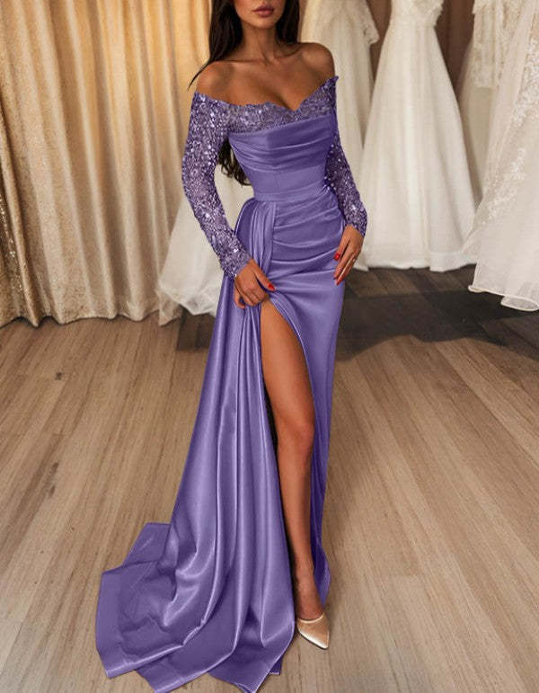 Off-the-Shoulder Floor-Length Prom Dress with Side Split and Sequins