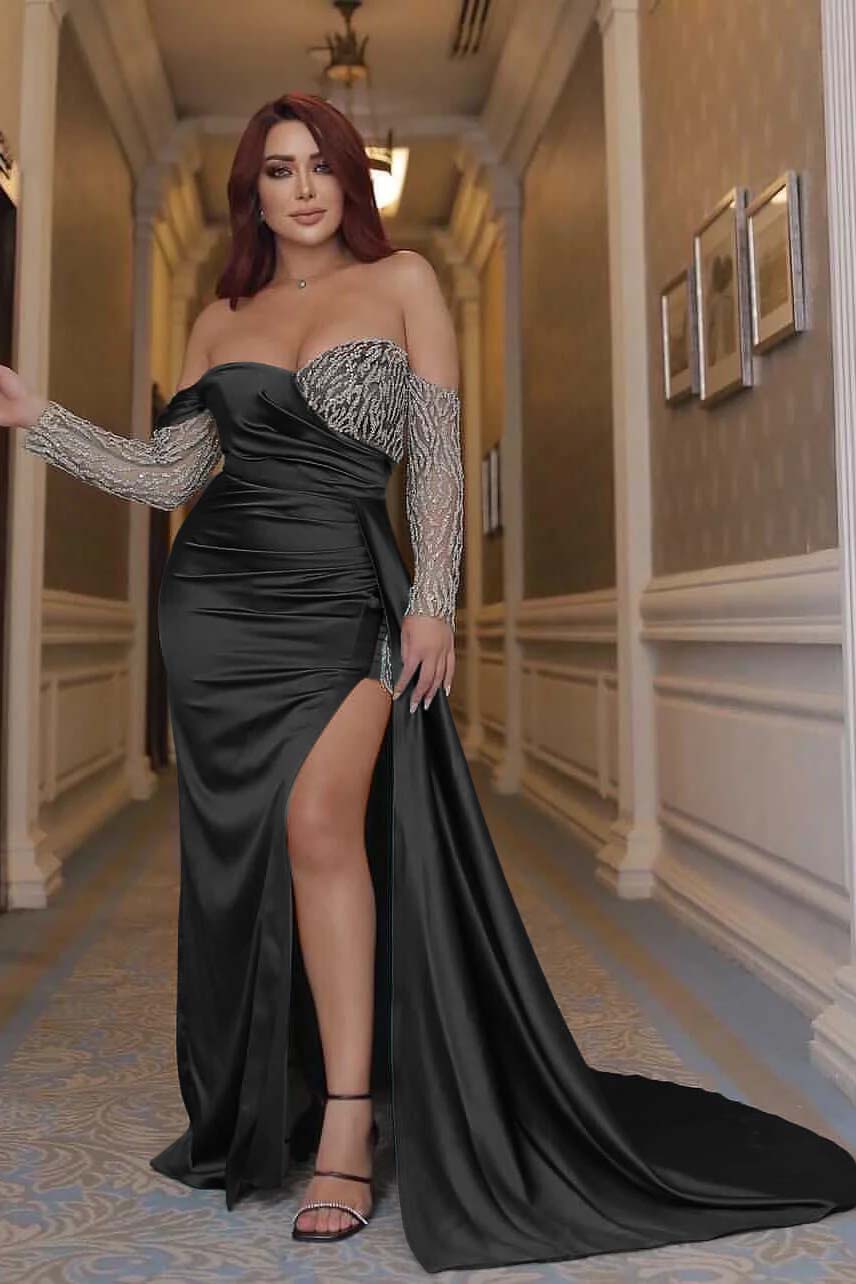 Sexy Emerald Green Off the Shoulder Long Sleeves Mermaid Prom Dress With Beading Split