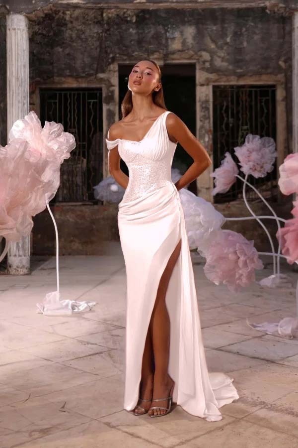 Sleeveless One Shoulder Long Split Prom Dress With Pleated Sequin