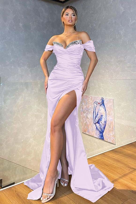 Off the Shoulder Dark Green Beadings Long Mermaid Prom Dress With Split