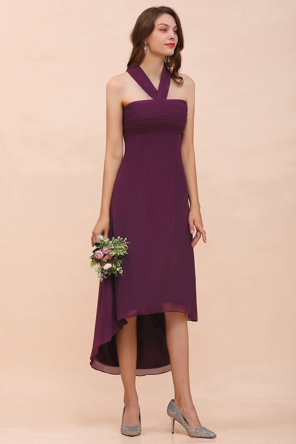 BMbridal Stylish Hi-Lo Halter Grape Chiffon Affordable Bridesmaid Dresses with Ruffle-BMbridal