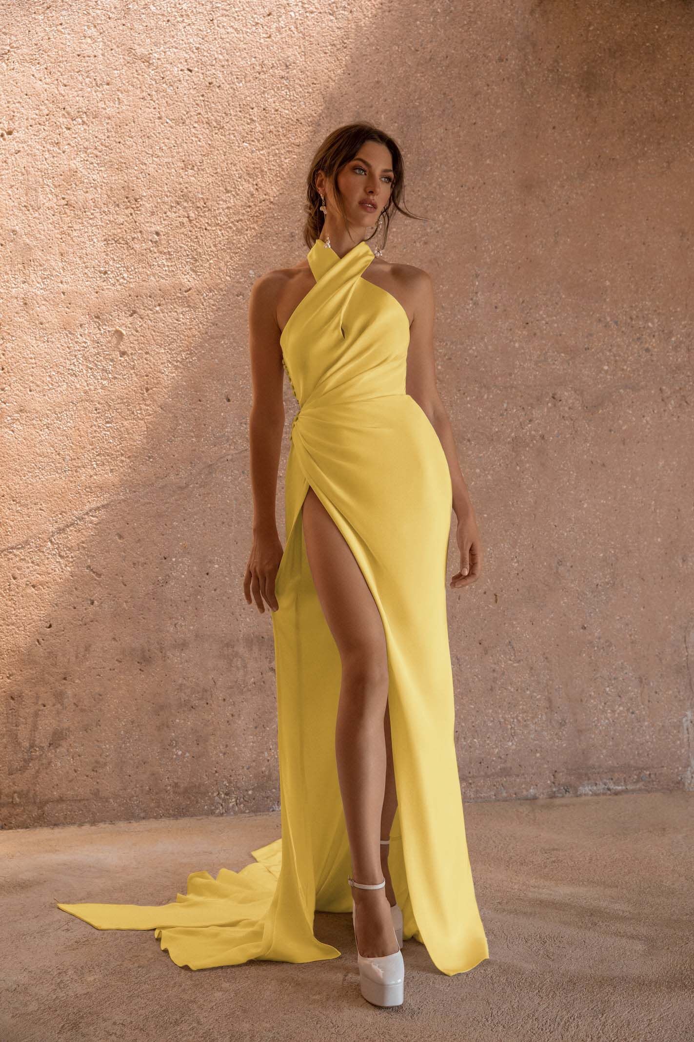 Halter Sleeveless Long Mermaid Prom Dress With High Split Pleated