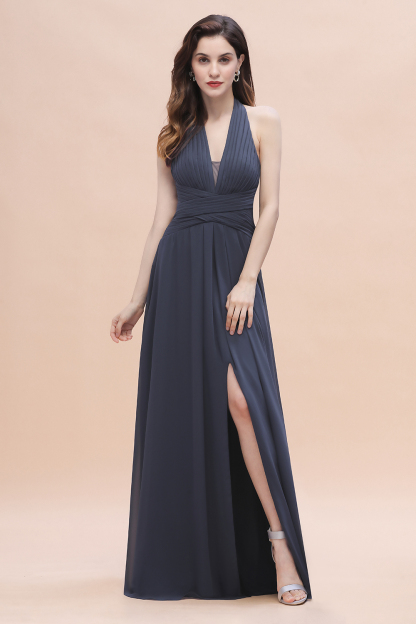BMbridal Gorgeous Halter Chiffon Ruffles Bridesmaid Dress with Front Slit Online-BMbridal