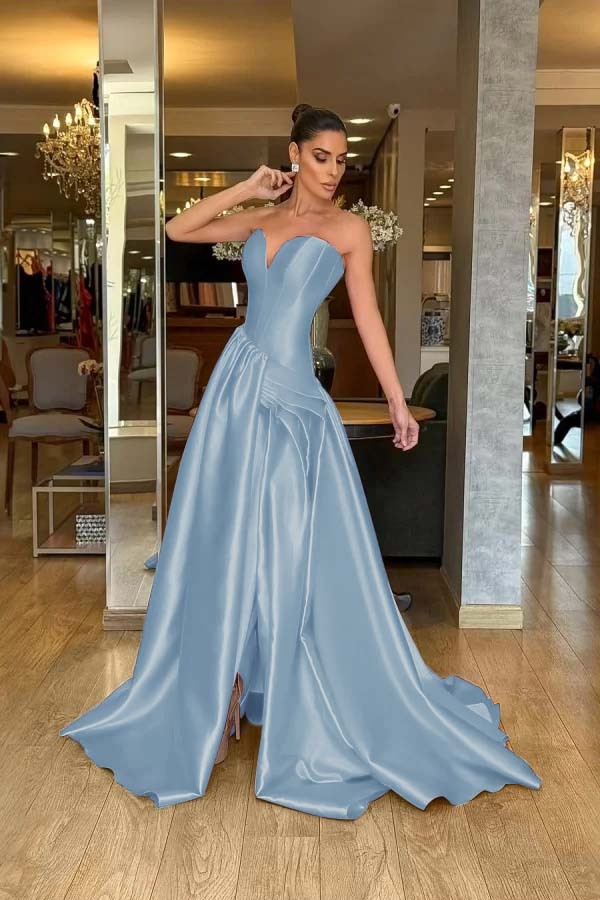 Stunning Strapless Sleeveless Long Split Prom Dress With Pleated