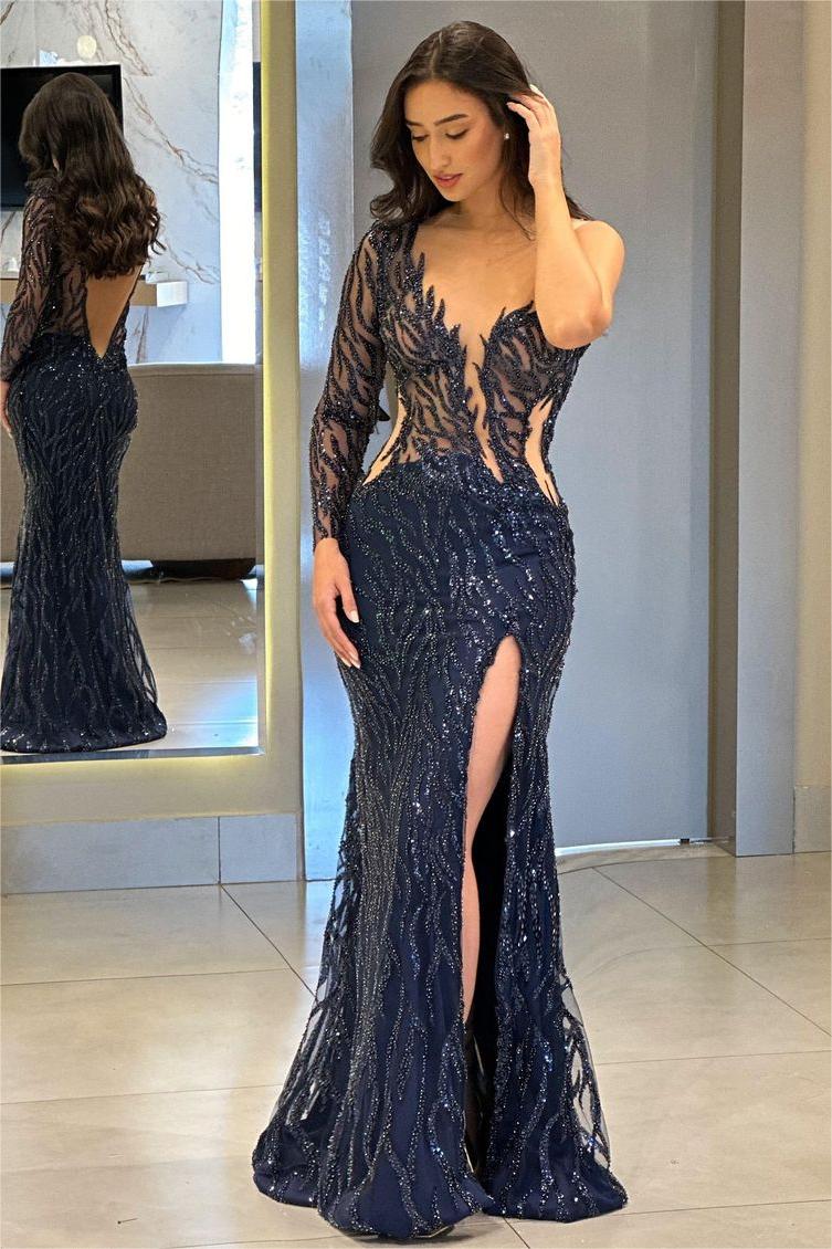 One Shoulder One Long Sleeve Backless Mermaid Split Prom Dress With Appliques