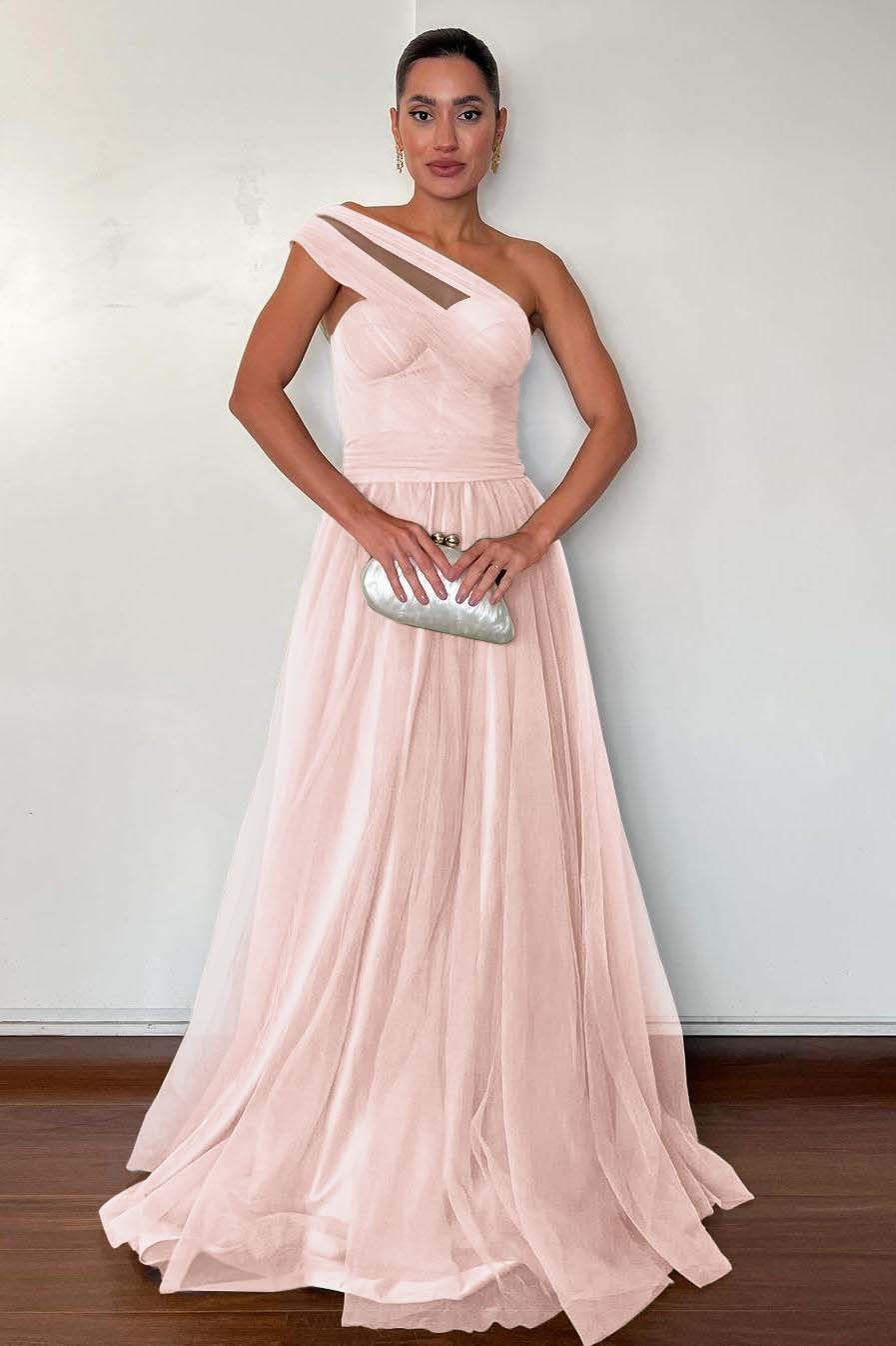One Shoulder Sweetheart Sleeveless Long Prom Dress With Pleated