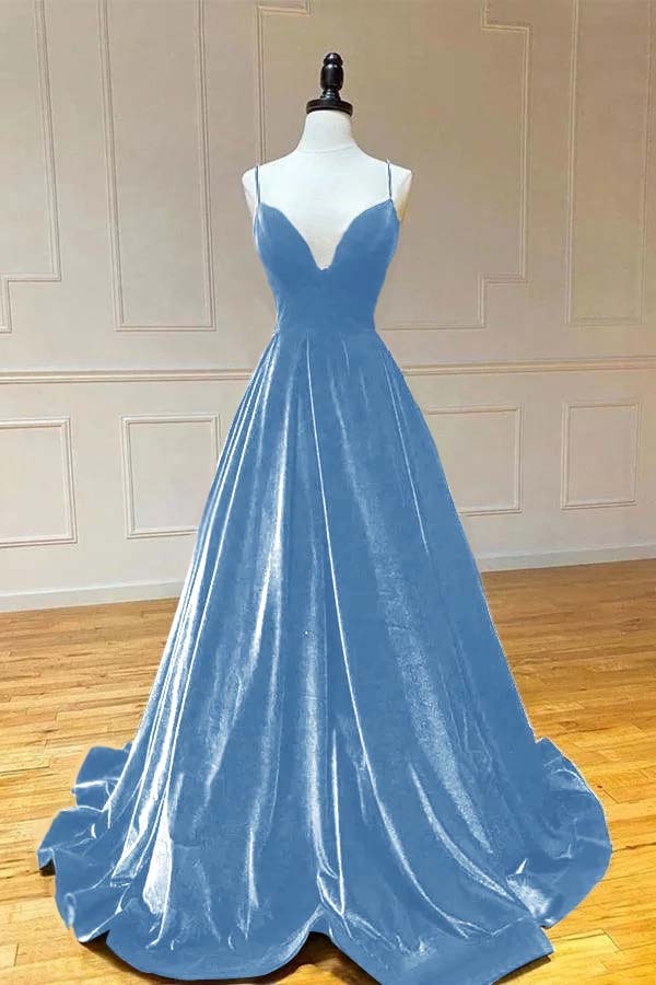 Spaghetti Strap V Neck Sleeveless Long Prom Dress With Pleated