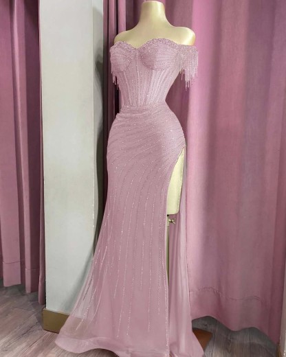 Off the Shoulder Sleeveless Long Split Prom Dress With Beading