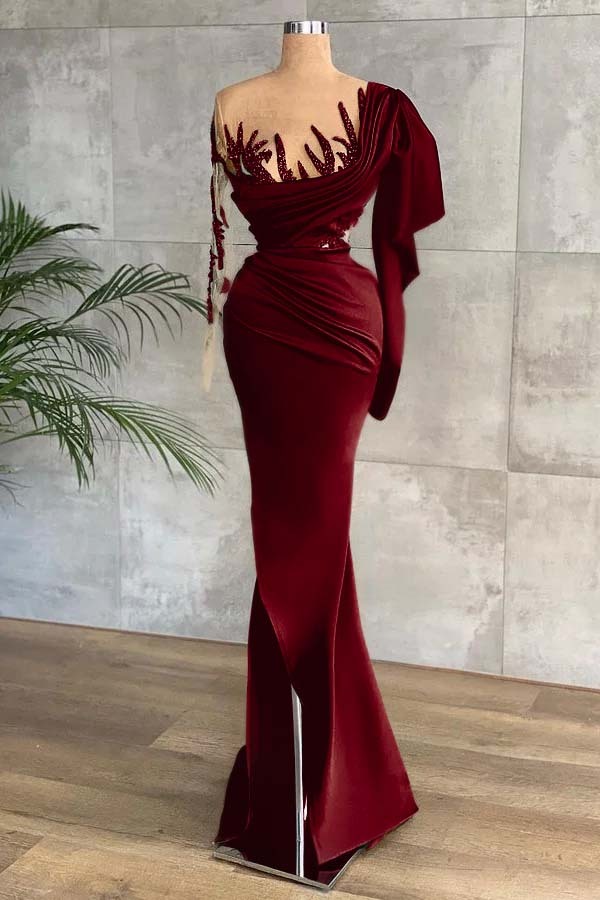 Green Long Sleeves Mermaid Side Split Prom Dress With Appliques