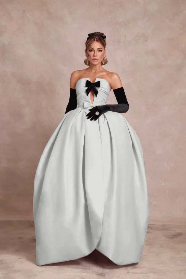 Strapless Sleeveless Long Ball Gown Prom Dress With Long Gloves