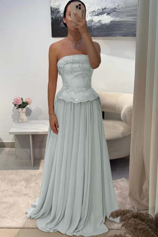 Chic Strapless Sleeveless Long Prom Dress With Pleated Beading