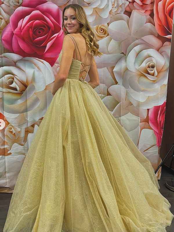 Champagne A Line Spaghetti Straps V Neck Tulle Long Prom Dress