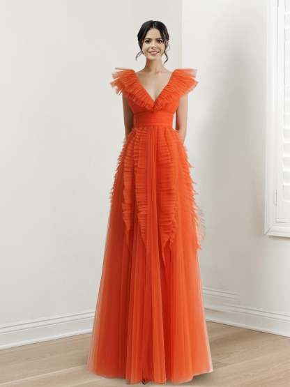 V-Neck Sleeveless A-Line Princess Floor-length Prom Dress with White Ruffles