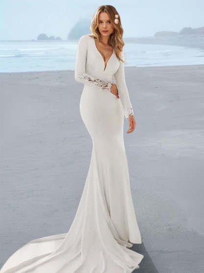 V-Neck Wedding Dress with Trumpet/Mermaid Silhouette and Applique