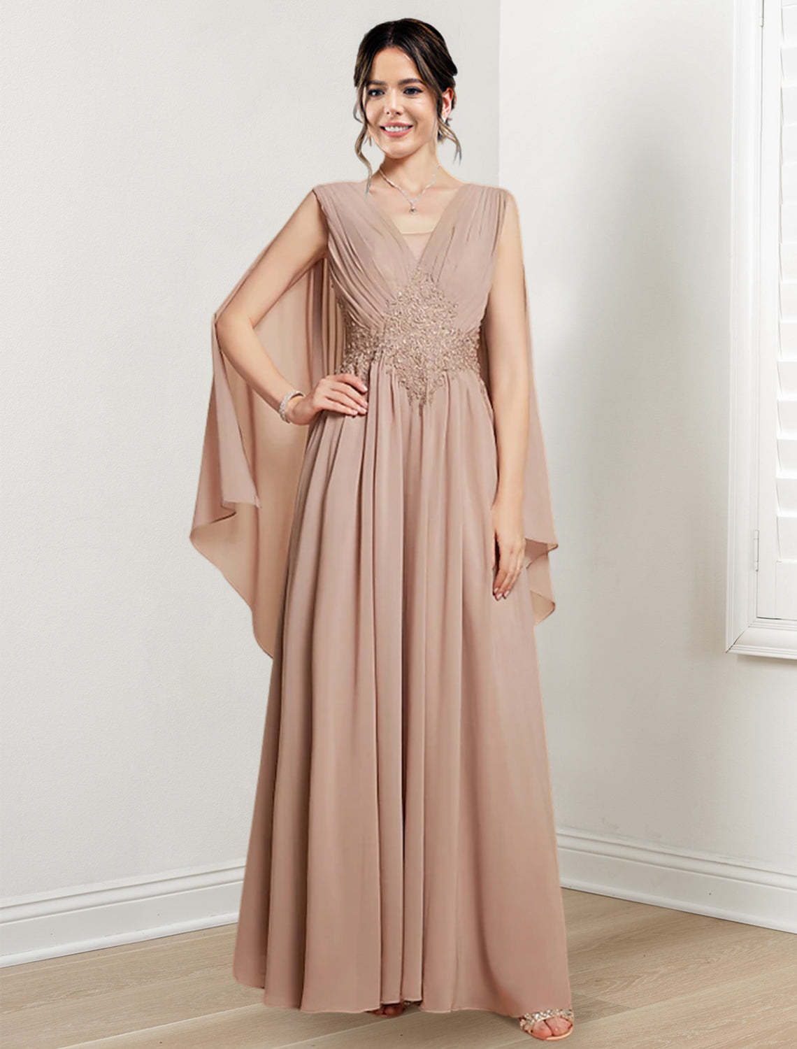 V-Neck A-Line Princess Floor-Length Dresses for the Mother of the Bride