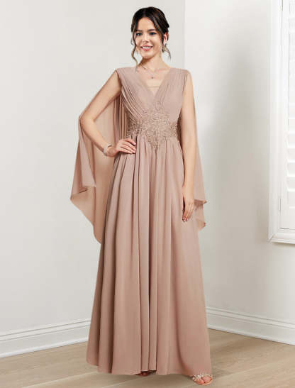 V-Neck A-Line Princess Floor-Length Dresses for the Mother of the Bride