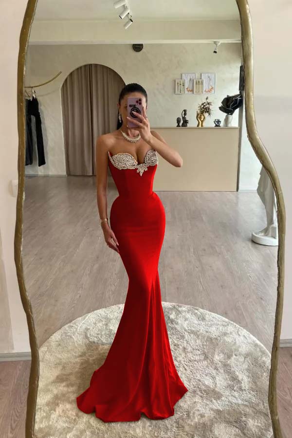 Strapless Sleeveless Long Mermaid Prom Dress With Beading Pleated