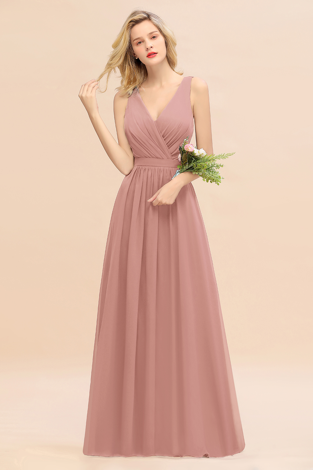 BMbridal Affordable V-Neck Ruffle Long Grape Chiffon Bridesmaid Dress with Bow-BMbridal