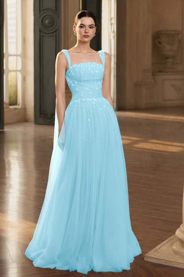 Stunning Tulle Straps Sleeveless Long Prom Dress With Beading