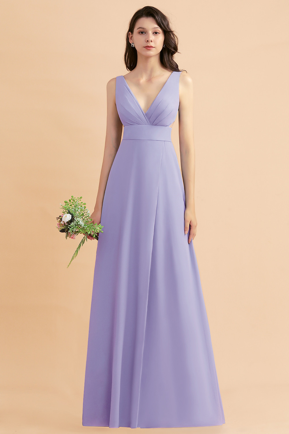BMbridal A-Line Dusty Blue Chiffon Ruffles Bridesmaid Dress with Slit-BMbridal