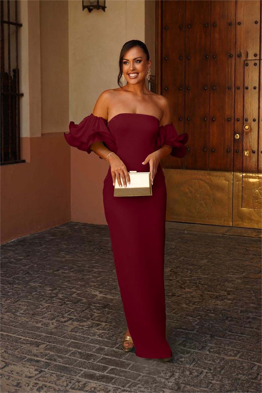 Strapless Bubble Sleeves Mermaid Long Prom Dress With Pleated