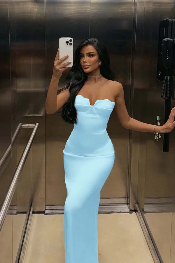 White Strapless Sleeveless Long Mermaid Prom Dress With Pleated