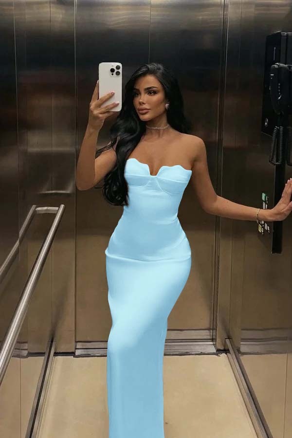 White Strapless Sleeveless Long Mermaid Prom Dress With Pleated